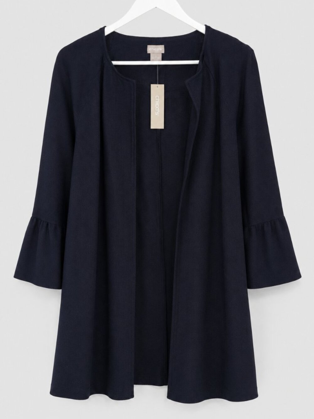 NWT Chico’s Size 2 Navy Drama Ruffle Sleeve Open-Front Topper Jacket